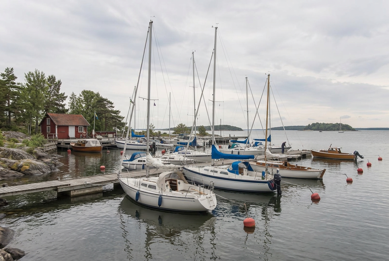 Liten svensk båtklubbshamn med träbryggor och små båtar