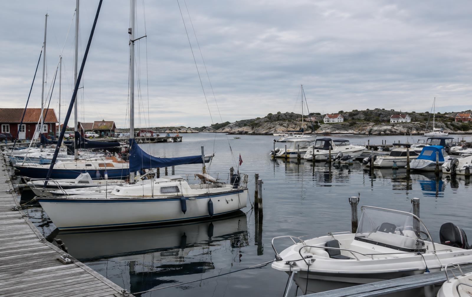 Nordisk gästhamn i kvällsljus med bryggor och förtöjda båtar
