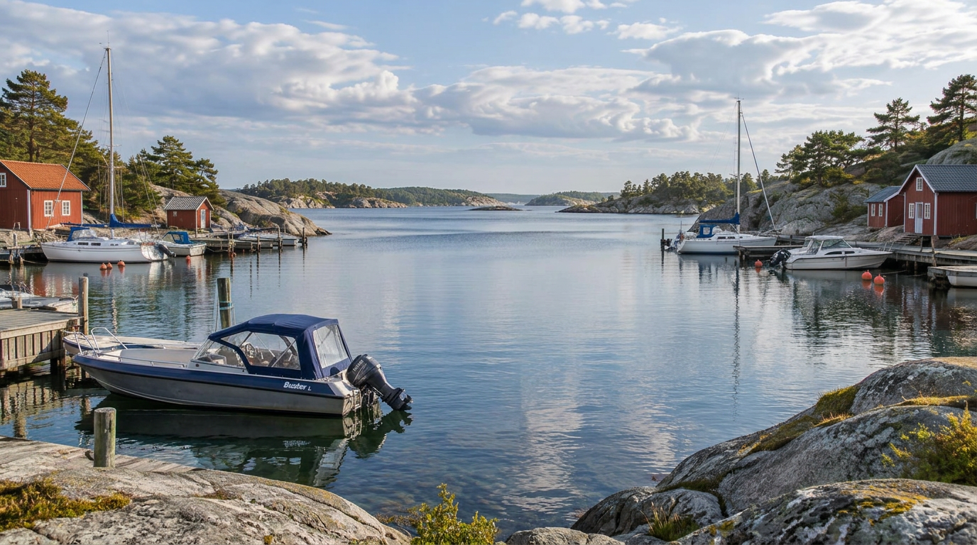 Båtar förtöjda i en nordisk skärgårdshamn med berg i bakgrunden